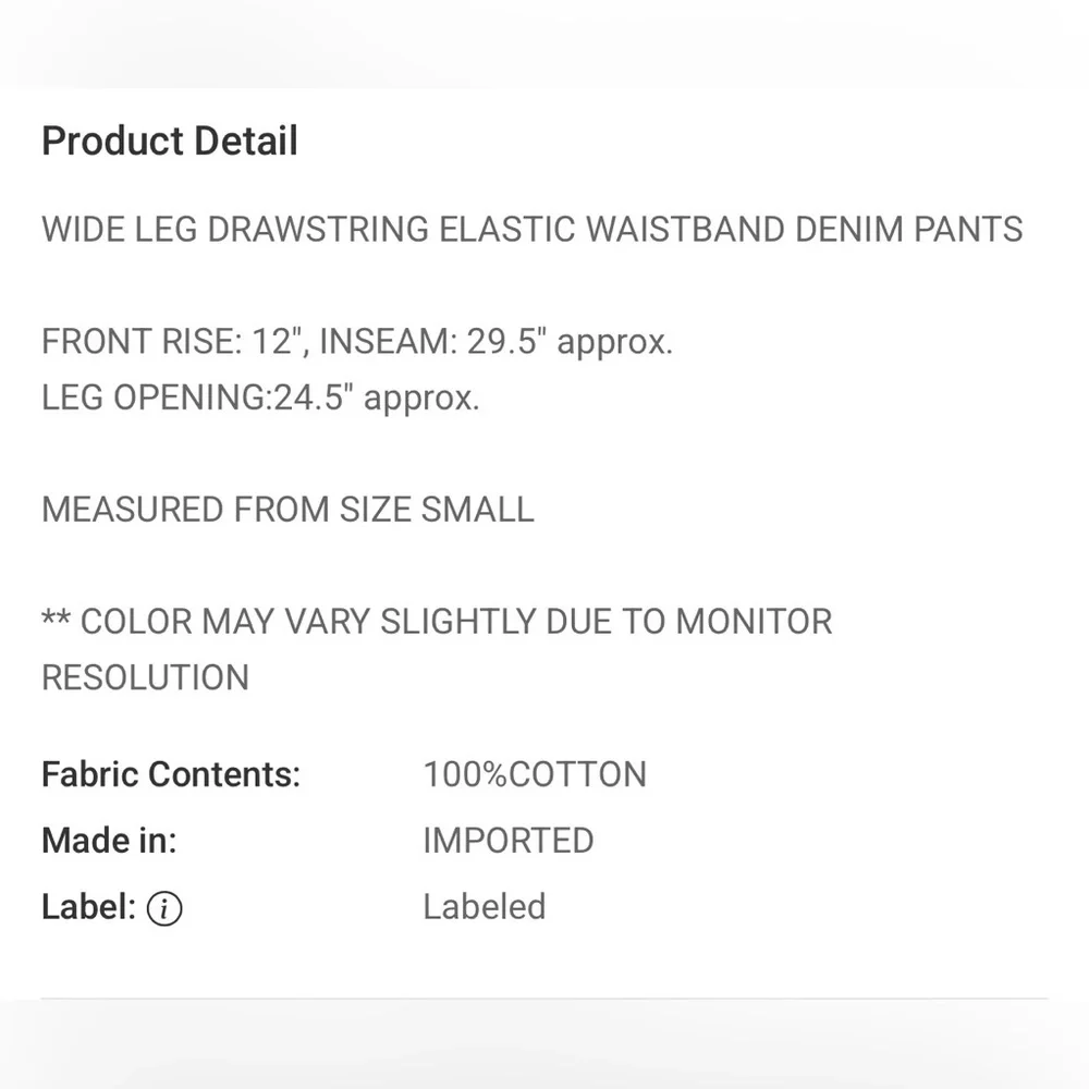 Zenana Wide Leg Denim Pants Drawstring Elastic Waist High Rise Small NWT - Picture 12 of 13